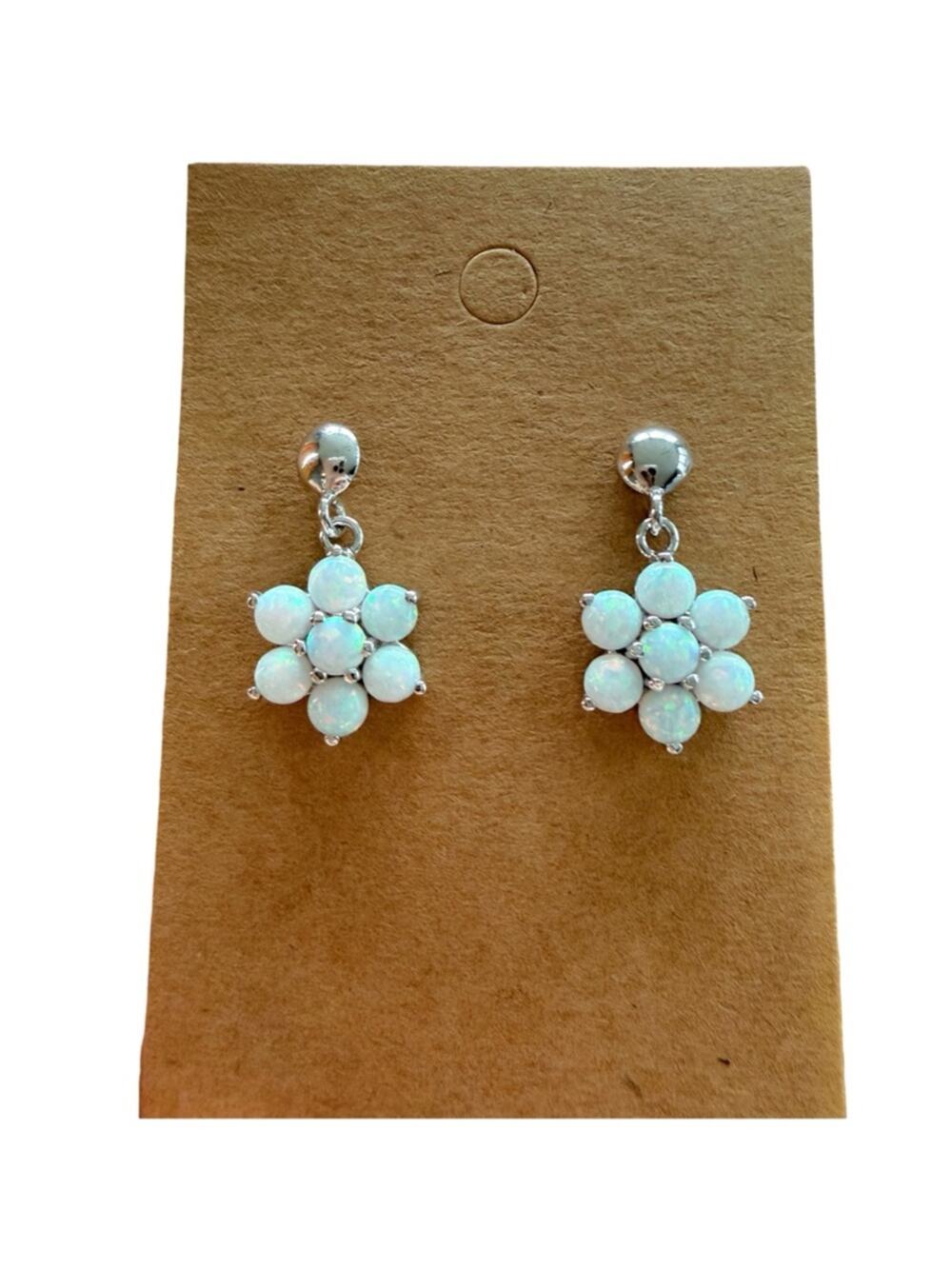 Sterling Silver Lab Opal Cluster Flower Dangle Earrings 925 White Opal Floral